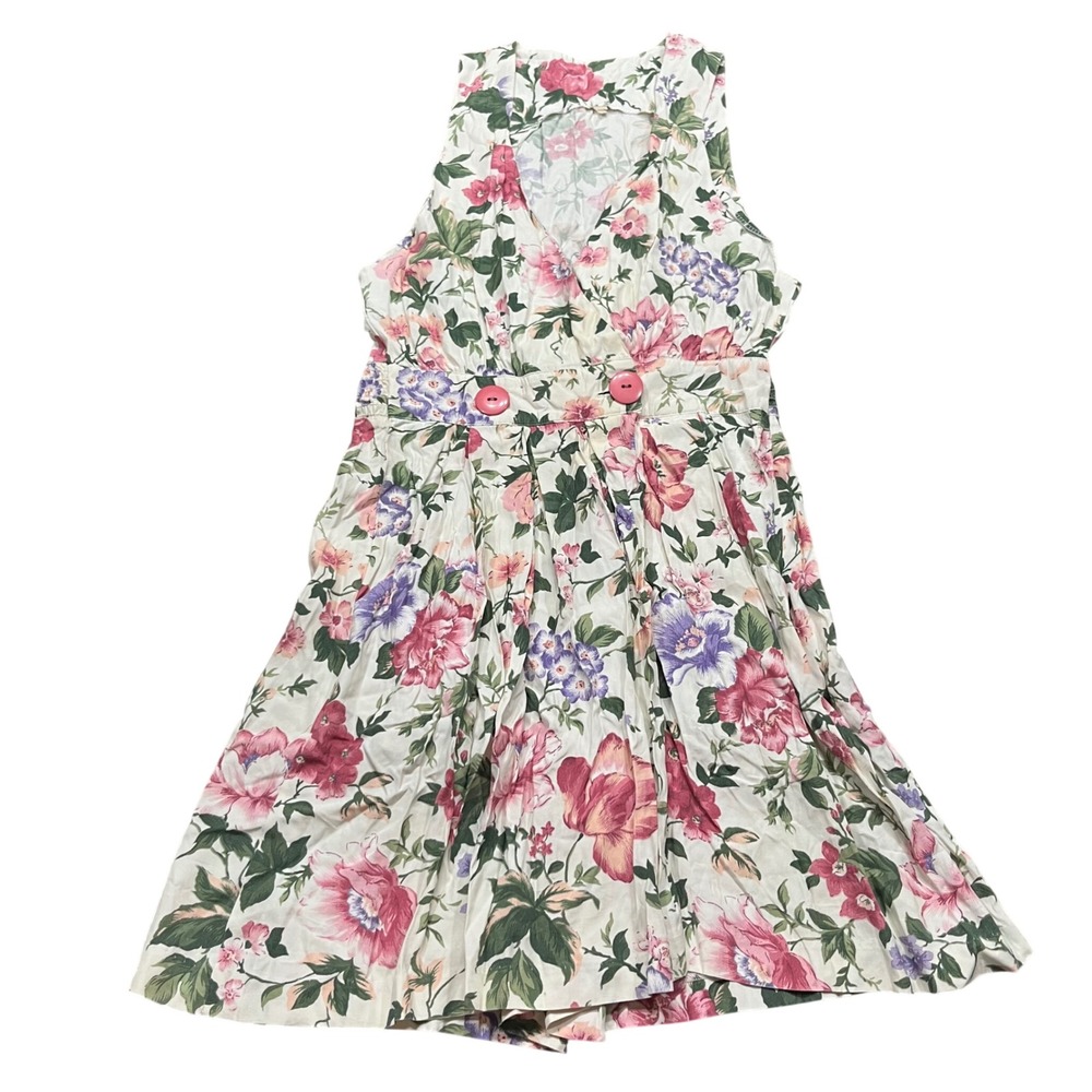Vintage Floral Sleeveless Romper V-Neck Button Waist Cutout Back White Pink XS